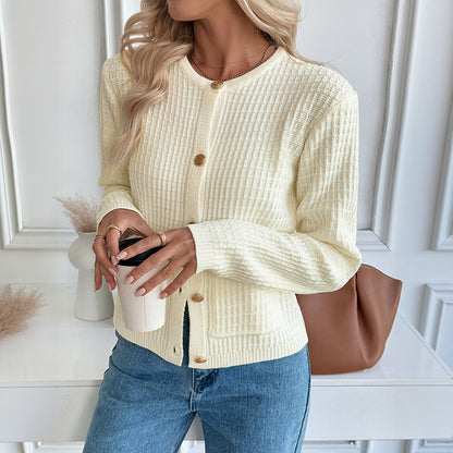 Solid Knit Cardigan with Round Neck and Button Front