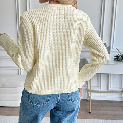 Solid Knit Cardigan with Round Neck and Button Front