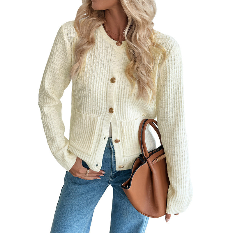 Solid Knit Cardigan with Round Neck and Button Front