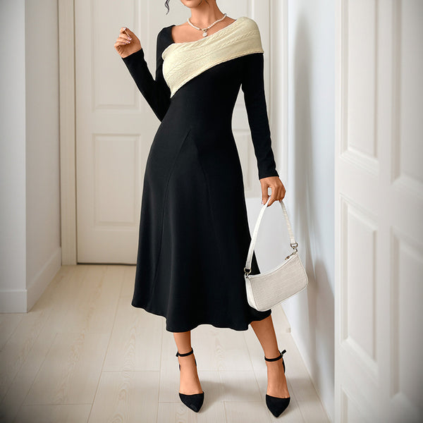 Flared Midi Dress with Slanted Shoulder Color Block