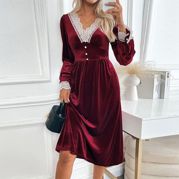 A-Line Velvet Midi Dress with Lace V-Neck and Puff Sleeves