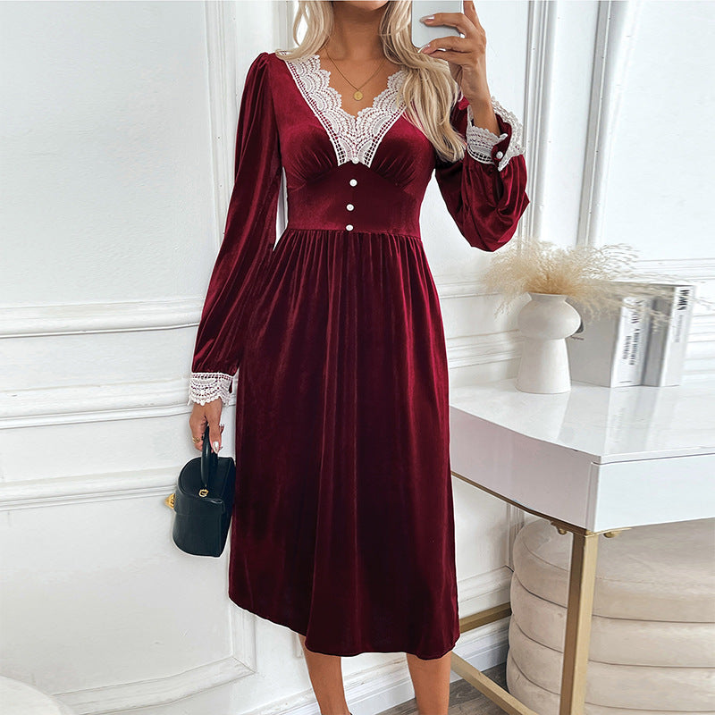 A-Line Velvet Midi Dress with Lace V-Neck and Puff Sleeves