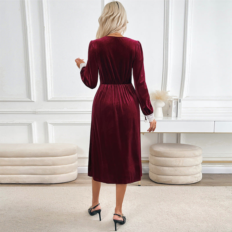 A-Line Velvet Midi Dress with Lace V-Neck and Puff Sleeves