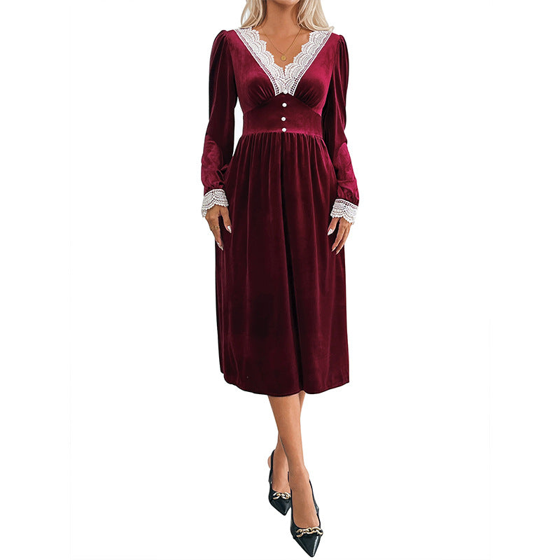A-Line Velvet Midi Dress with Lace V-Neck and Puff Sleeves