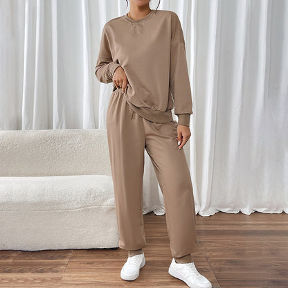 Solid Color Sweatshirt Set with Loose Fit and Drawstring Pants