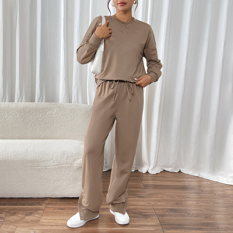 Solid Color Sweatshirt Set with Loose Fit and Drawstring Pants