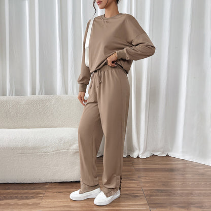 Solid Color Sweatshirt Set with Loose Fit and Drawstring Pants