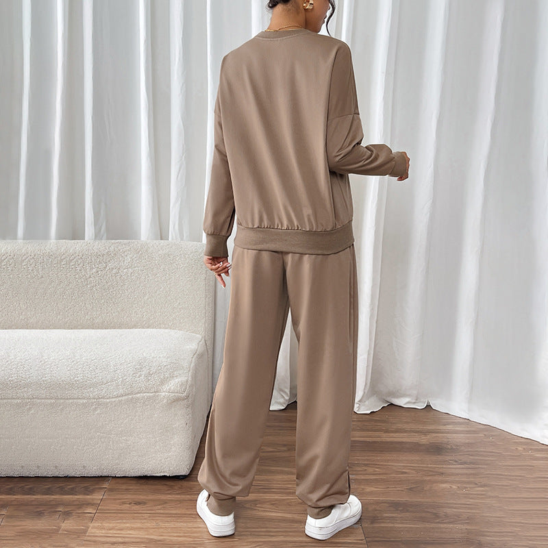 Solid Color Sweatshirt Set with Loose Fit and Drawstring Pants