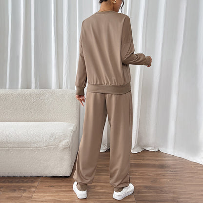 Solid Color Sweatshirt Set with Loose Fit and Drawstring Pants