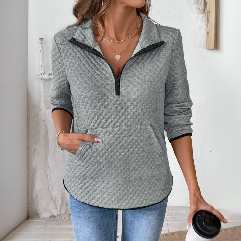 Diamond Quilted Pullover with Half-Zip and Kangaroo Pocket