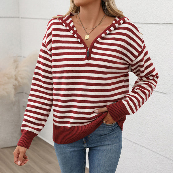 Loose Striped Knit Sweater with Hood and Quarter-Zip