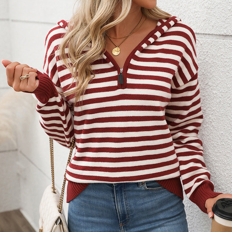 Loose Striped Knit Sweater with Hood and Quarter-Zip
