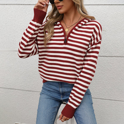 Loose Striped Knit Sweater with Hood and Quarter-Zip