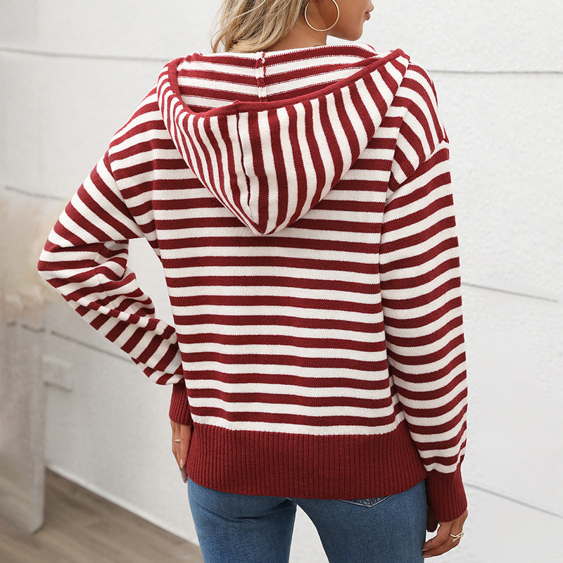 Loose Striped Knit Sweater with Hood and Quarter-Zip
