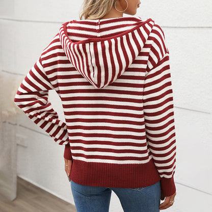 Loose Striped Knit Sweater with Hood and Quarter-Zip