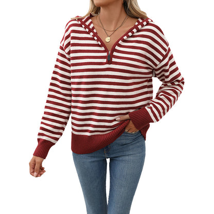 Loose Striped Knit Sweater with Hood and Quarter-Zip