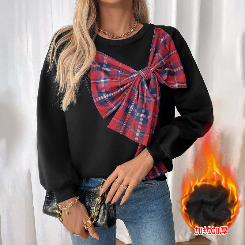 Loose Fit Sweatshirt with 3D Plaid Bow and Fleece Lining