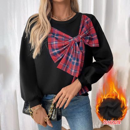 Loose Fit Sweatshirt with 3D Plaid Bow and Fleece Lining