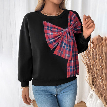 Loose Fit Sweatshirt with 3D Plaid Bow and Fleece Lining