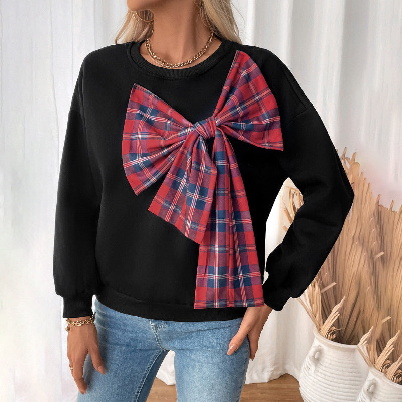Loose Fit Sweatshirt with 3D Plaid Bow and Fleece Lining
