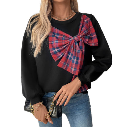 Loose Fit Sweatshirt with 3D Plaid Bow and Fleece Lining