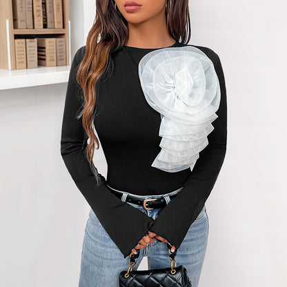 Ribbed Bodysuit with 3D Floral Applique and Bell Sleeves