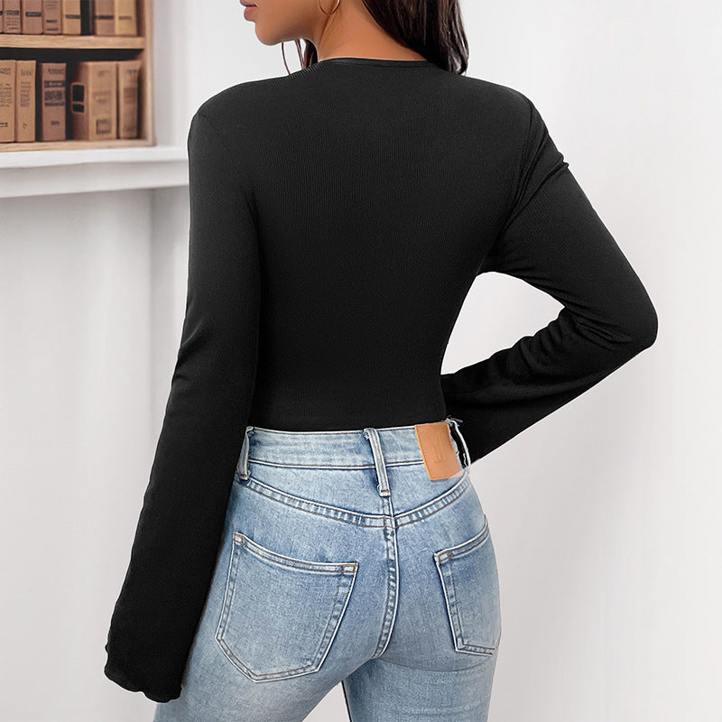 Ribbed Bodysuit with 3D Floral Applique and Bell Sleeves