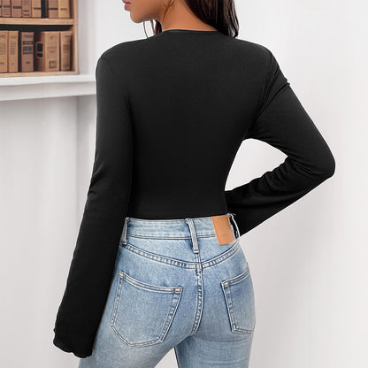 Ribbed Bodysuit with 3D Floral Applique and Bell Sleeves