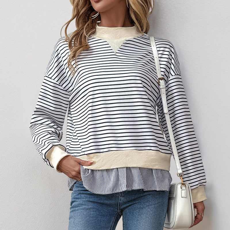 Striped Faux Layered Sweatshirt with Mock Neck
