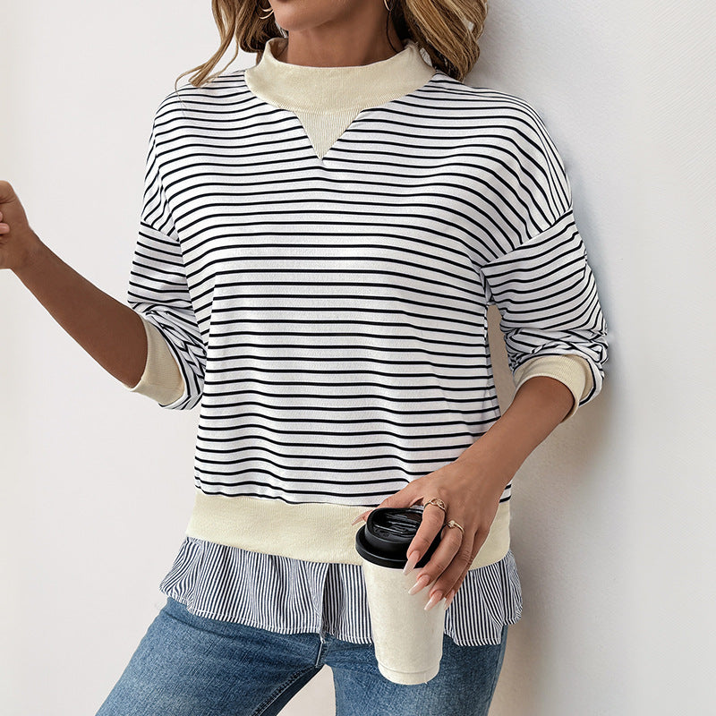 Striped Faux Layered Sweatshirt with Mock Neck