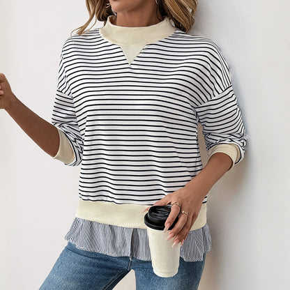 Striped Faux Layered Sweatshirt with Mock Neck