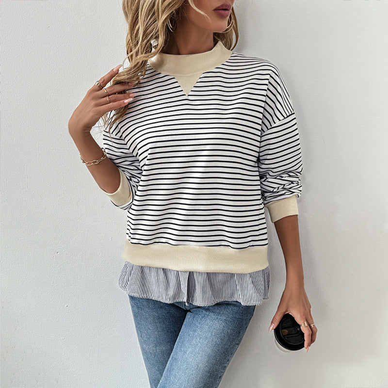 Striped Faux Layered Sweatshirt with Mock Neck