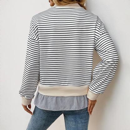 Striped Faux Layered Sweatshirt with Mock Neck