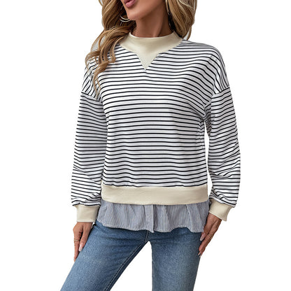 Striped Faux Layered Sweatshirt with Mock Neck