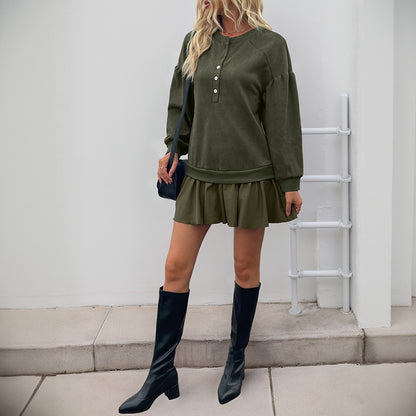 Solid Sweatshirt Dress with Henley Neck and Pleated Skirt