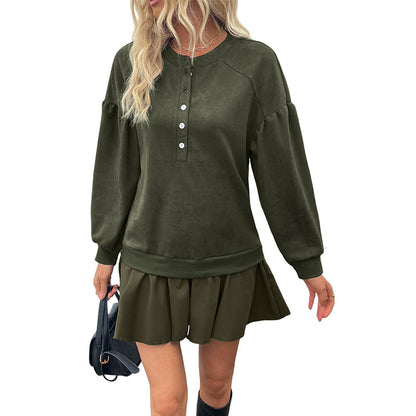Solid Sweatshirt Dress with Henley Neck and Pleated Skirt