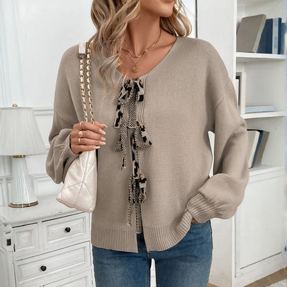 Relaxed Knit Cardigan with V-Neck and Leopard Tie Front