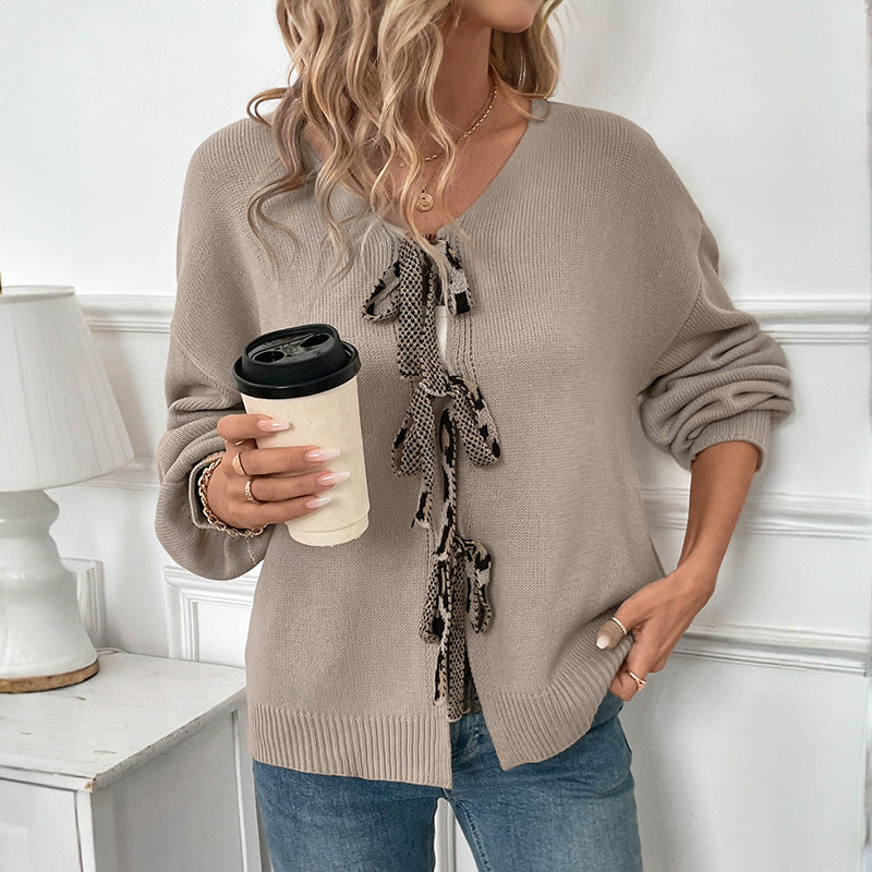 Relaxed Knit Cardigan with V-Neck and Leopard Tie Front