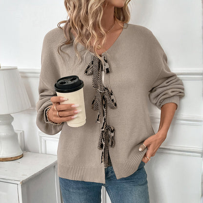 Relaxed Knit Cardigan with V-Neck and Leopard Tie Front