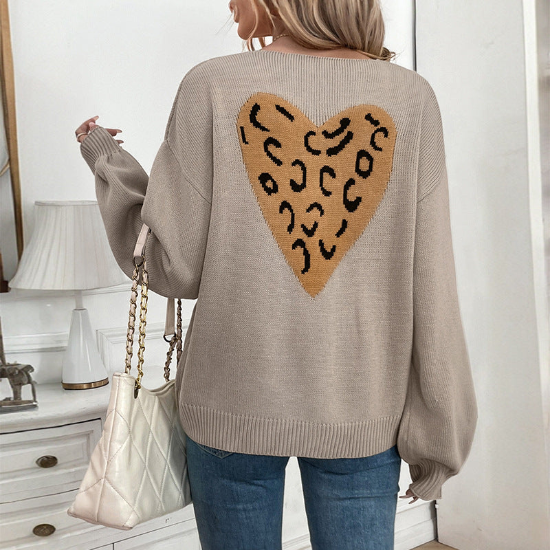 Relaxed Knit Cardigan with V-Neck and Leopard Tie Front