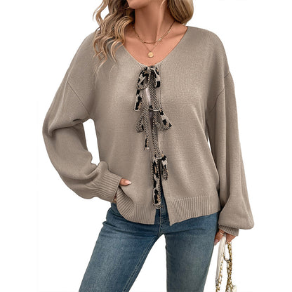 Relaxed Knit Cardigan with V-Neck and Leopard Tie Front