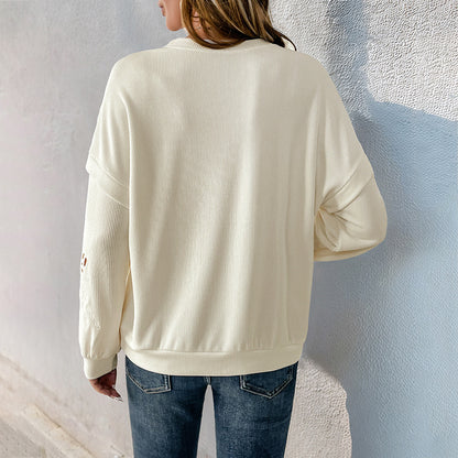 Loose Fit Ribbed Knit Pullover with Embroidered Cutout Detail