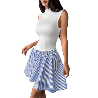 Sleeveless Mock Neck Dress with Striped Patchwork Skirt