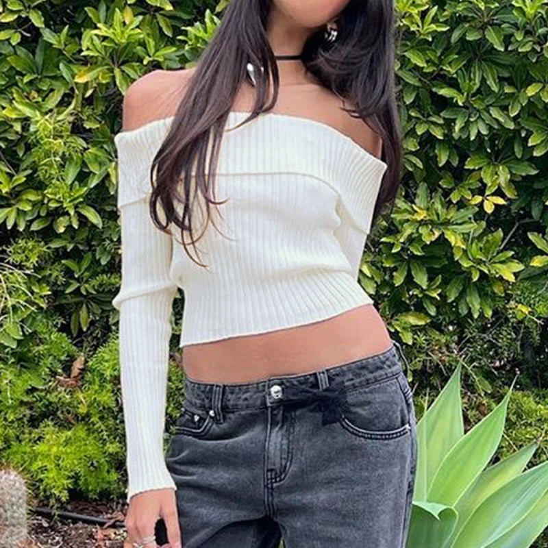 Ribbed Knit Cropped Sweater with Off-Shoulder Neckline