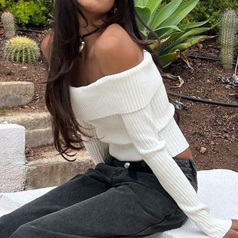 Ribbed Knit Cropped Sweater with Off-Shoulder Neckline