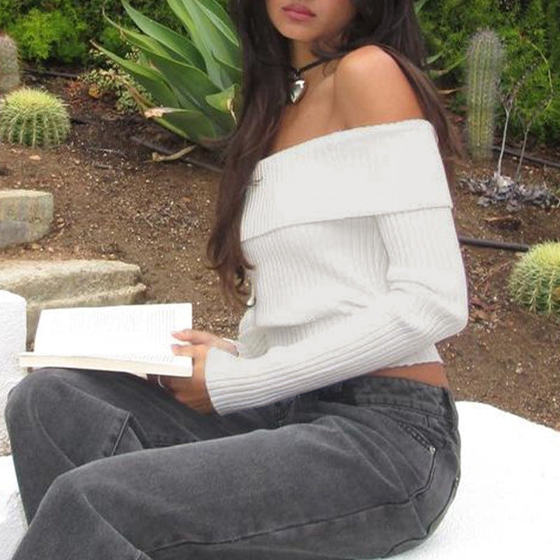 Ribbed Knit Cropped Sweater with Off-Shoulder Neckline