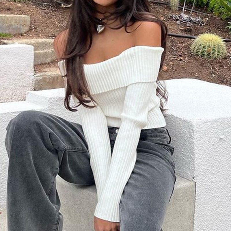 Ribbed Knit Cropped Sweater with Off-Shoulder Neckline