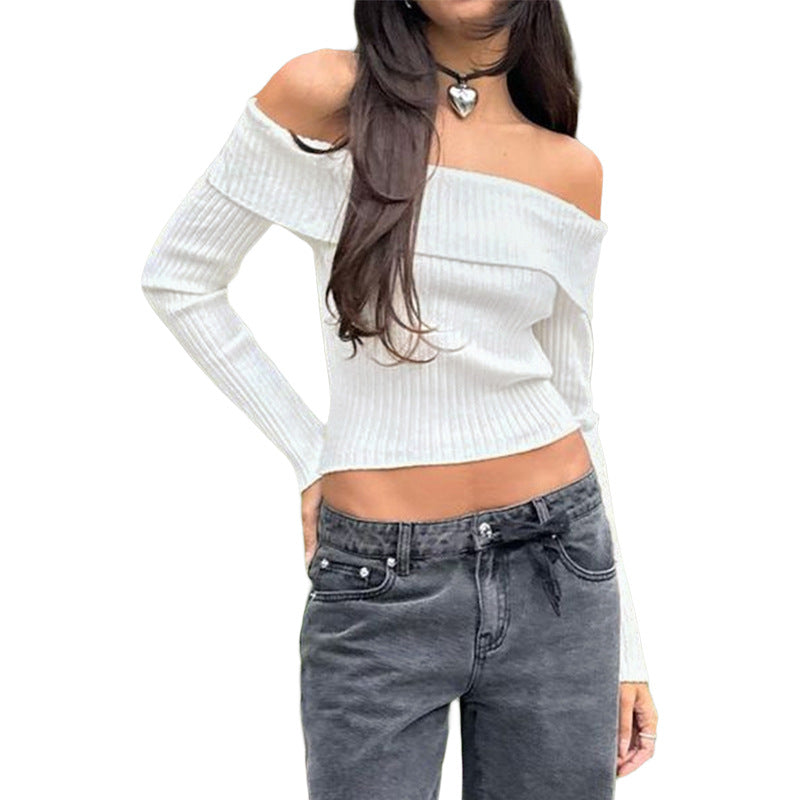 Ribbed Knit Cropped Sweater with Off-Shoulder Neckline