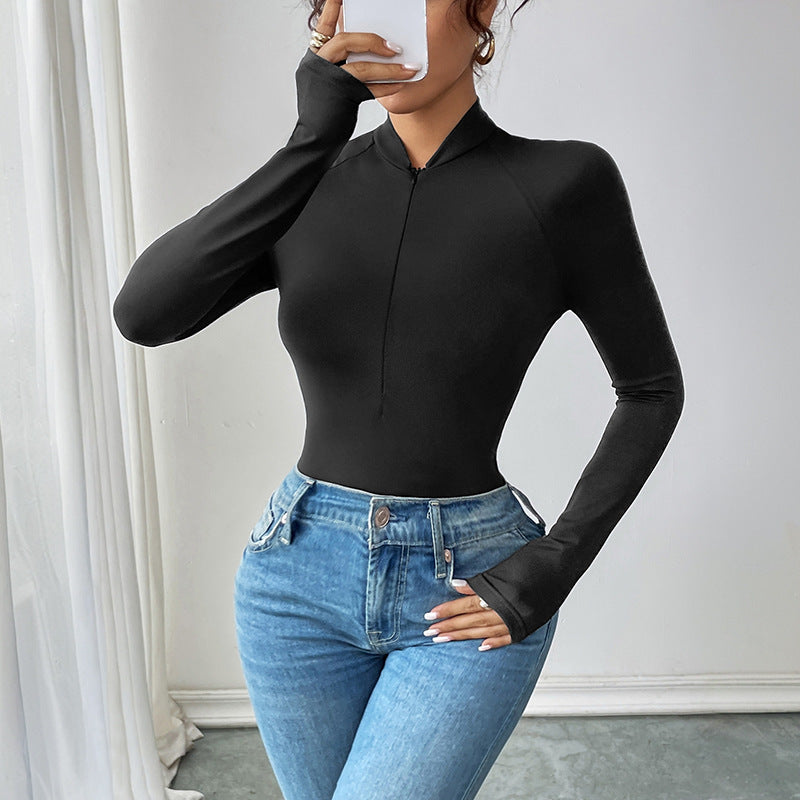 Bodycon Long Sleeve Bodysuit with Half-Zip Mock Neck