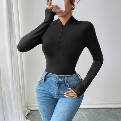 Bodycon Long Sleeve Bodysuit with Half-Zip Mock Neck